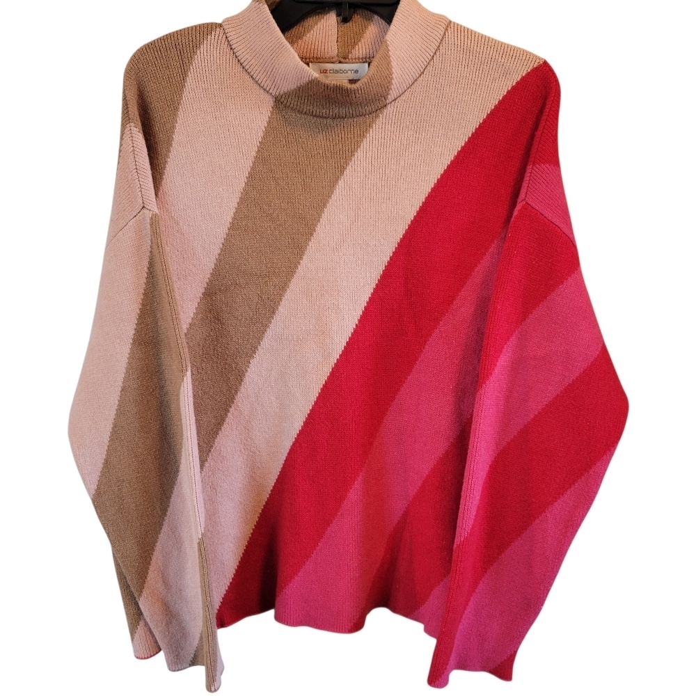 Liz Claiborne Red Pink Tan Cream Diagonal Stripe Mock Neck Sweater